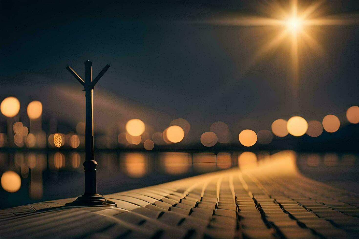 uma rua luminária é em a doca às noite. gerado por IA foto