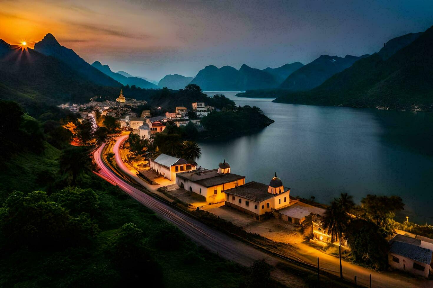 a Sol conjuntos sobre uma Vila e montanhas. gerado por IA foto