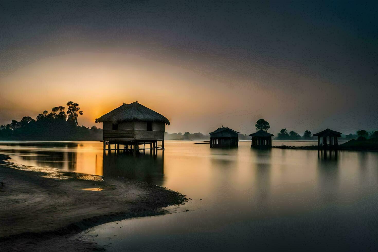 uma pequeno cabana senta em a costa do uma lago às pôr do sol. gerado por IA foto