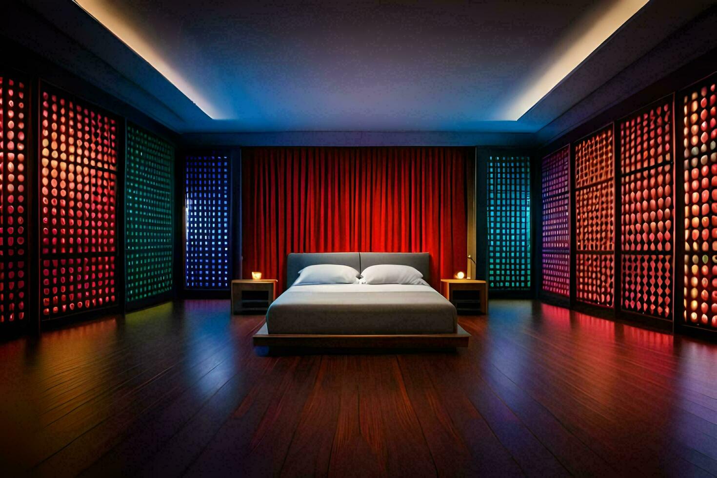 uma quarto com uma cama e colorida luzes. gerado por IA foto