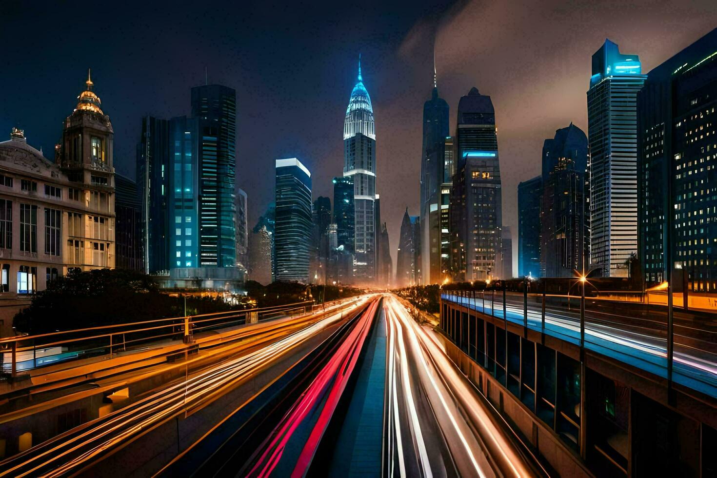 uma cidade às noite com tráfego luzes e edifícios. gerado por IA foto