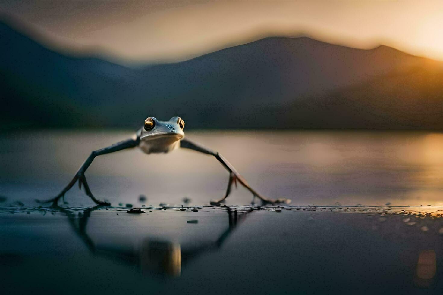 uma rã em pé em a Beira do uma lago às pôr do sol. gerado por IA foto