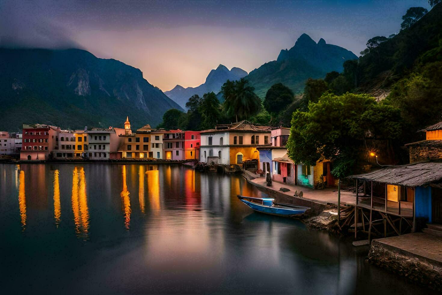 colorida casas em a água às crepúsculo dentro a montanhas. gerado por IA foto