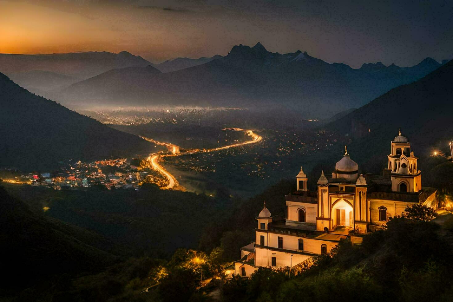 uma Igreja dentro a montanhas às noite. gerado por IA foto