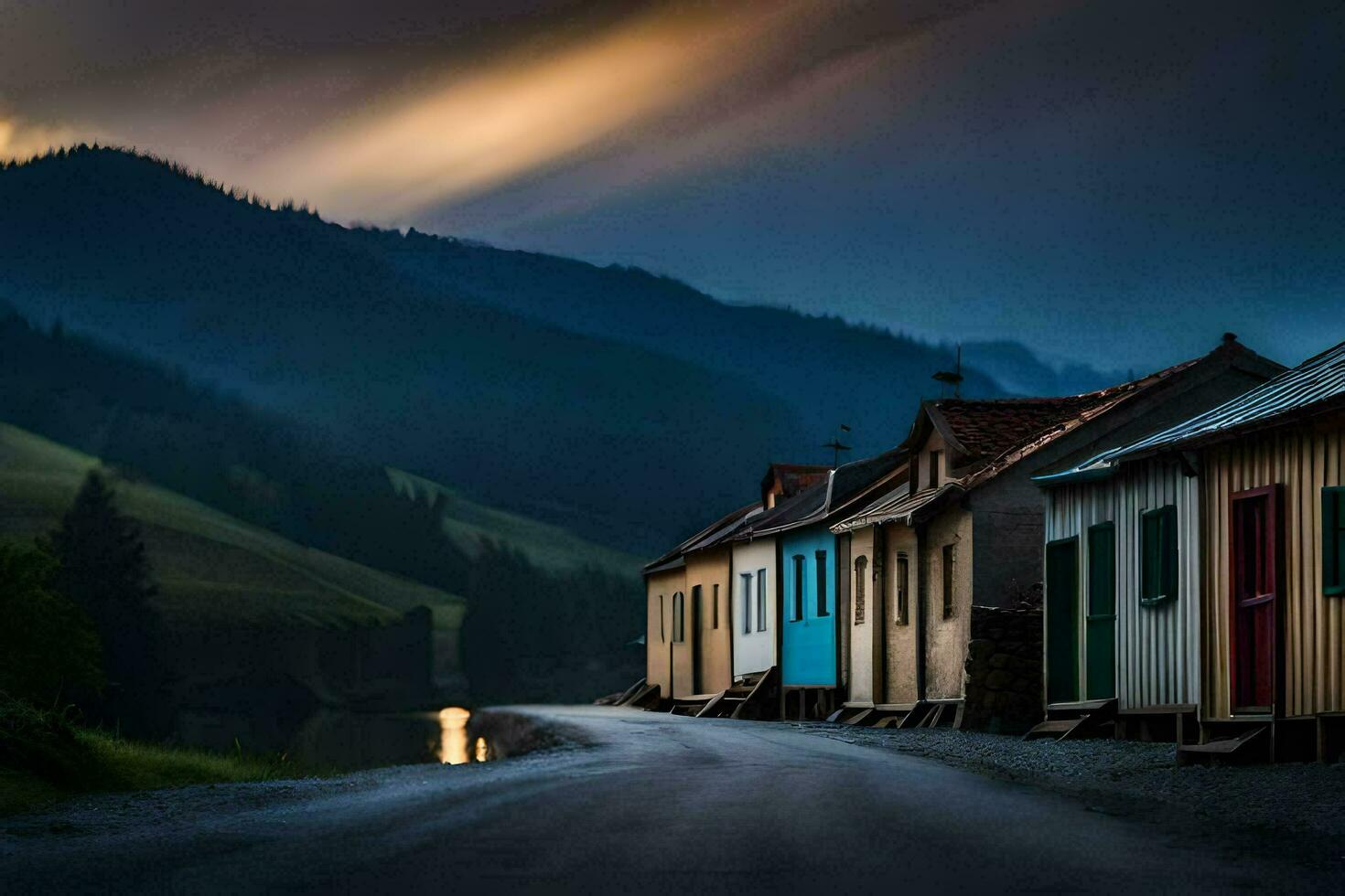 foto papel de parede a céu, montanhas, a estrada, casas, a estrada, a estrada, o. gerado por IA