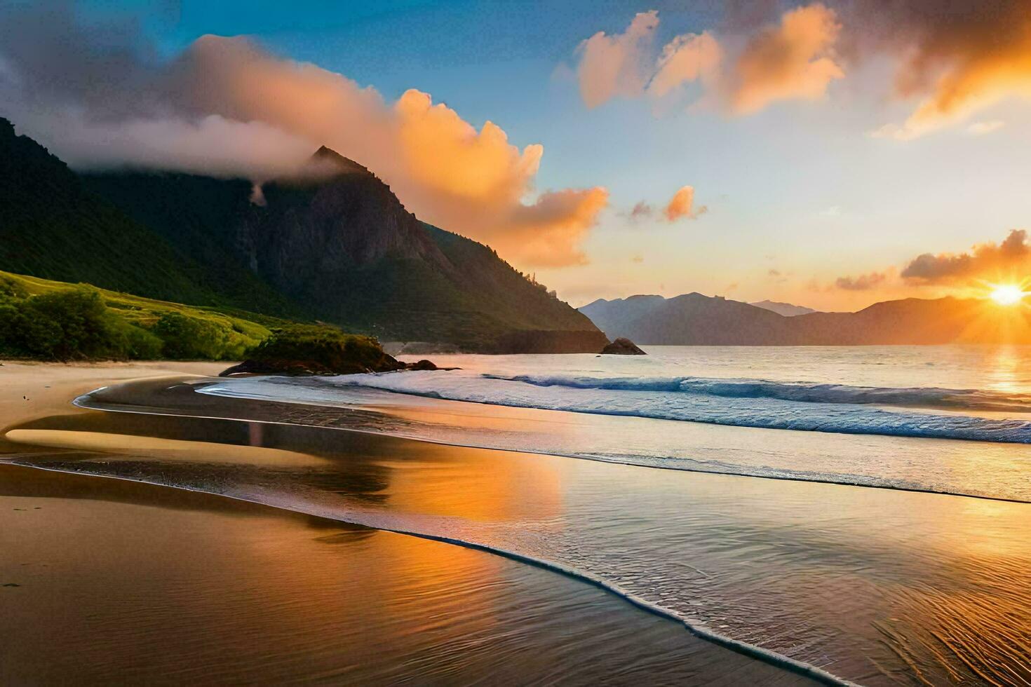 a Sol conjuntos sobre a oceano e montanhas dentro isto foto. gerado por IA foto