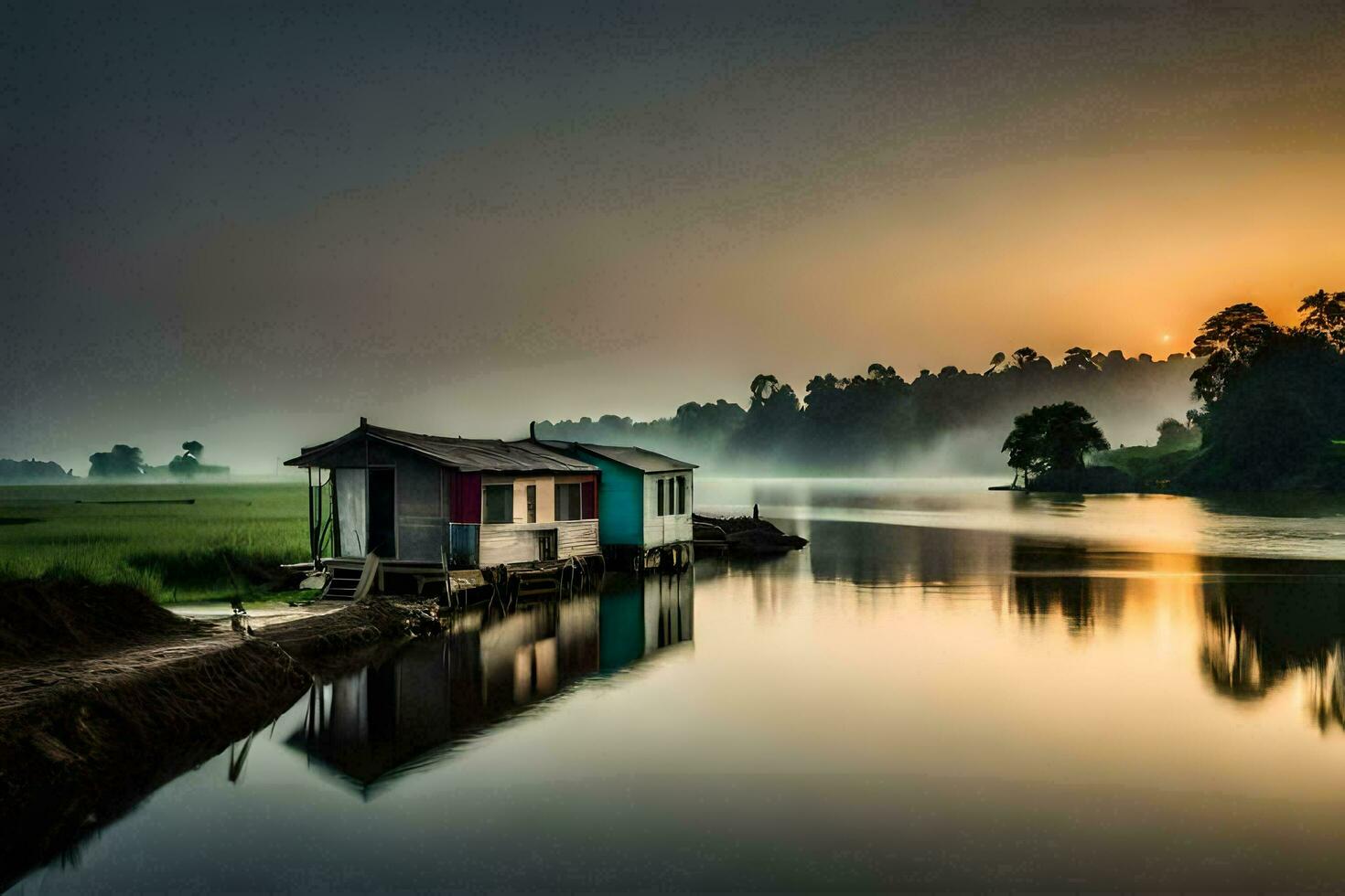 uma casa em a água às nascer do sol. gerado por IA foto