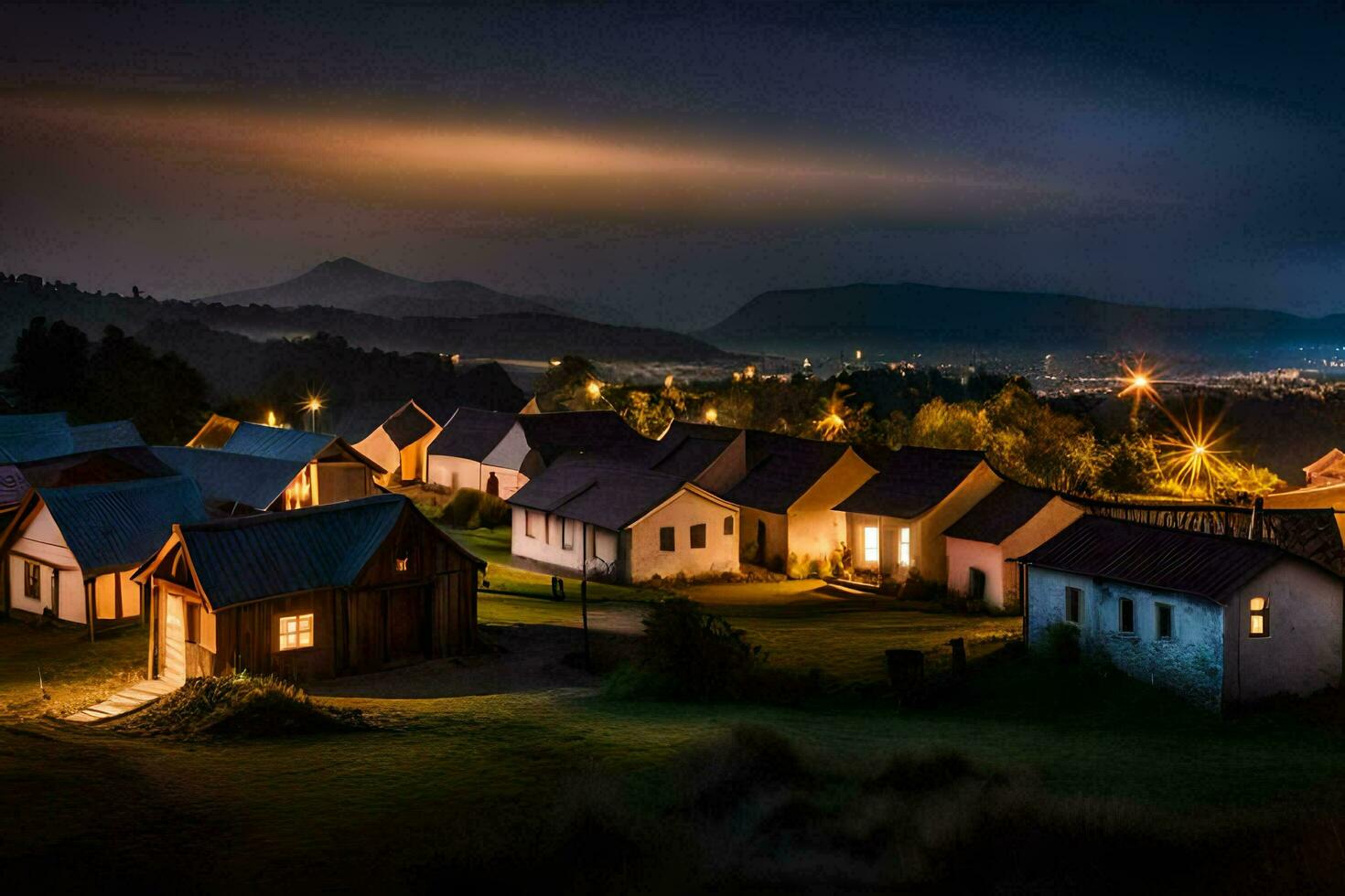 uma noite Tempo Visão do casas dentro a montanhas. gerado por IA foto