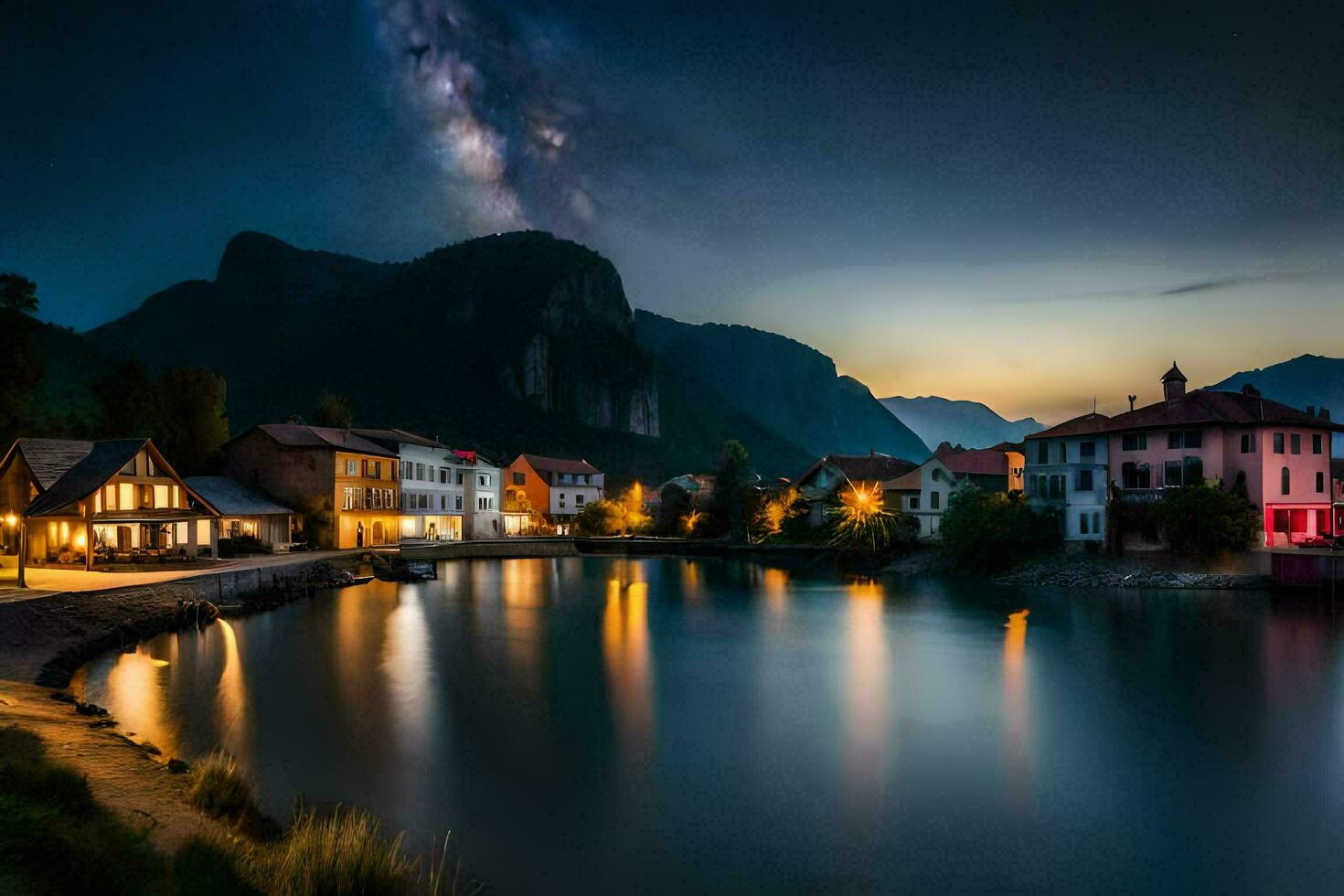 foto papel de parede a céu, montanhas, água, noite, lago, cidade, Eslovénia,. gerado por IA