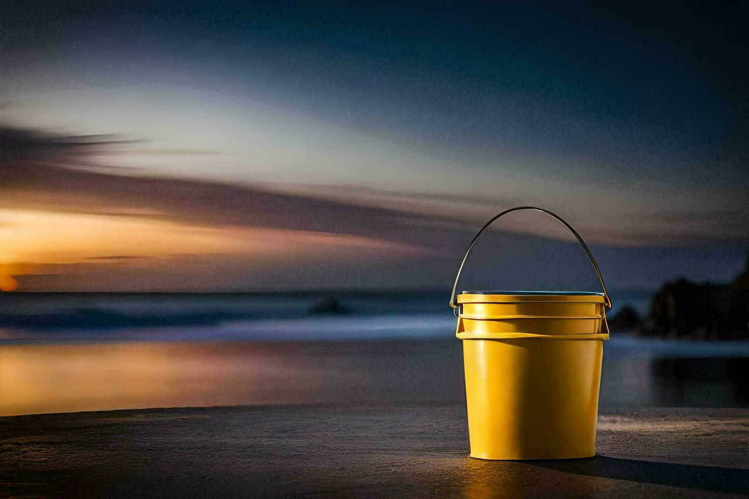 uma amarelo balde senta em a de praia às pôr do sol. gerado por IA foto