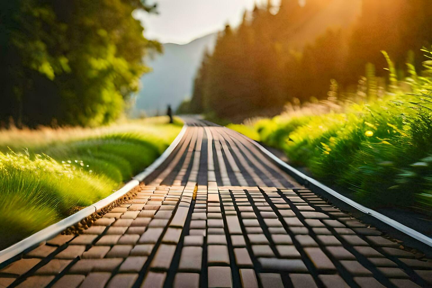 uma tijolo estrada dentro a meio do uma campo. gerado por IA foto