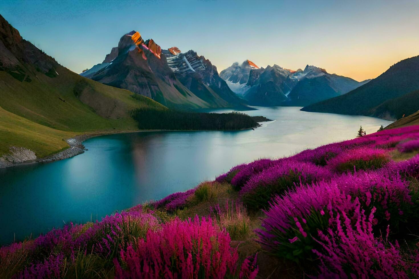 a lago e montanhas estão lindo dentro a pôr do sol. gerado por IA foto