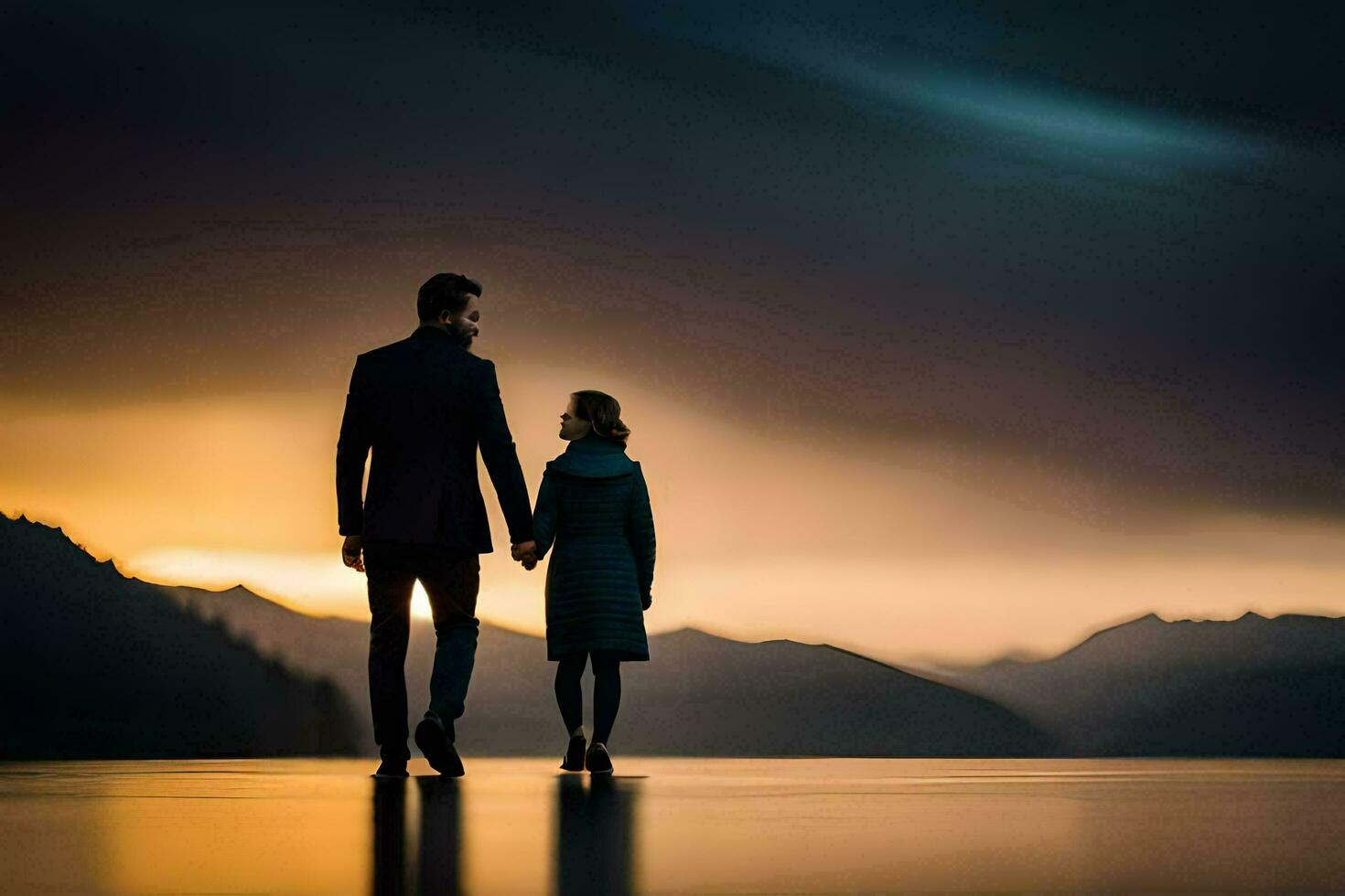 uma homem e uma mulher segurando mãos enquanto caminhando através uma lago. gerado por IA foto