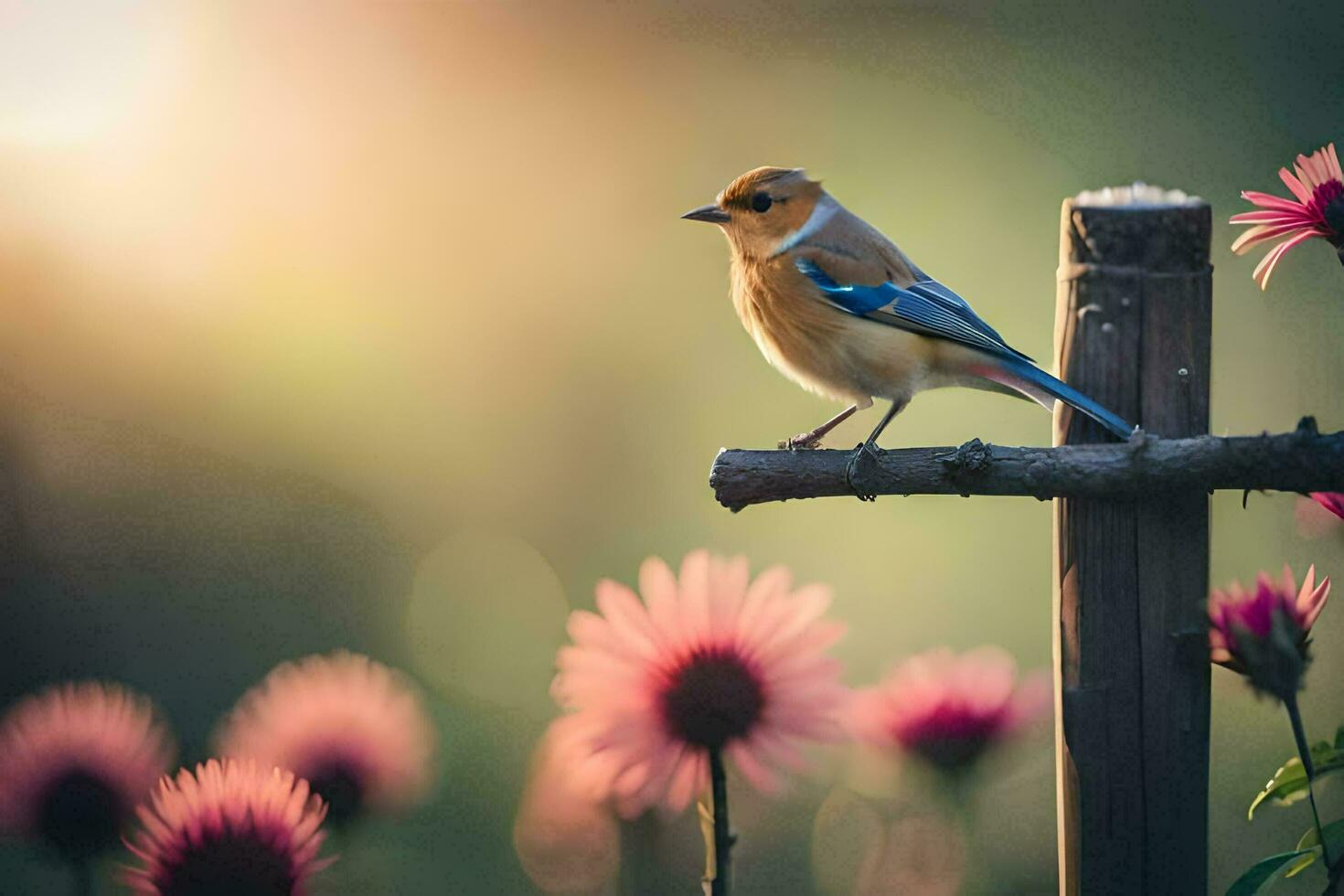 foto papel de parede pássaro, a sol, flores, a pássaro, a sol, flores, a pássaro. gerado por IA