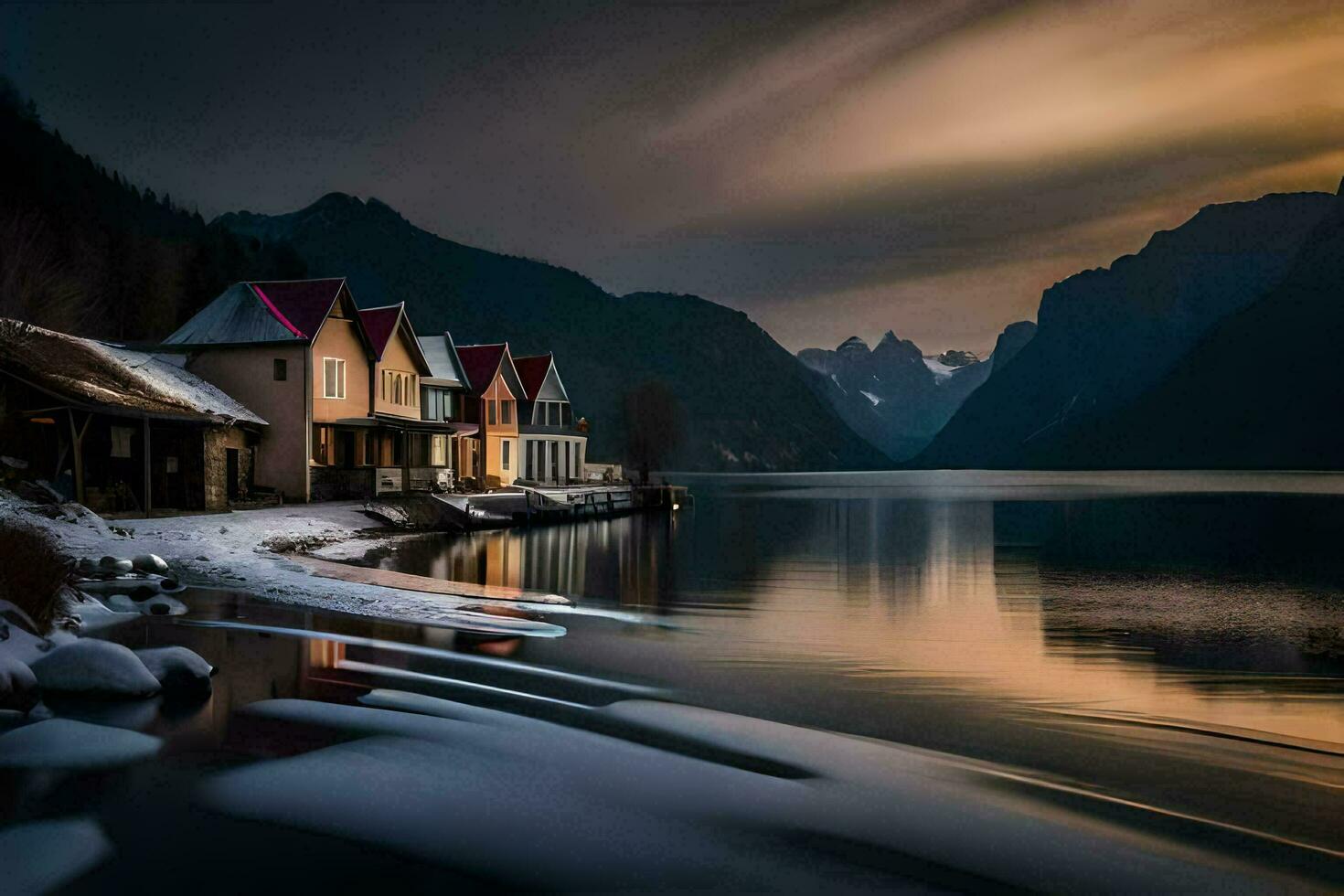 uma lago e casas dentro a neve. gerado por IA foto