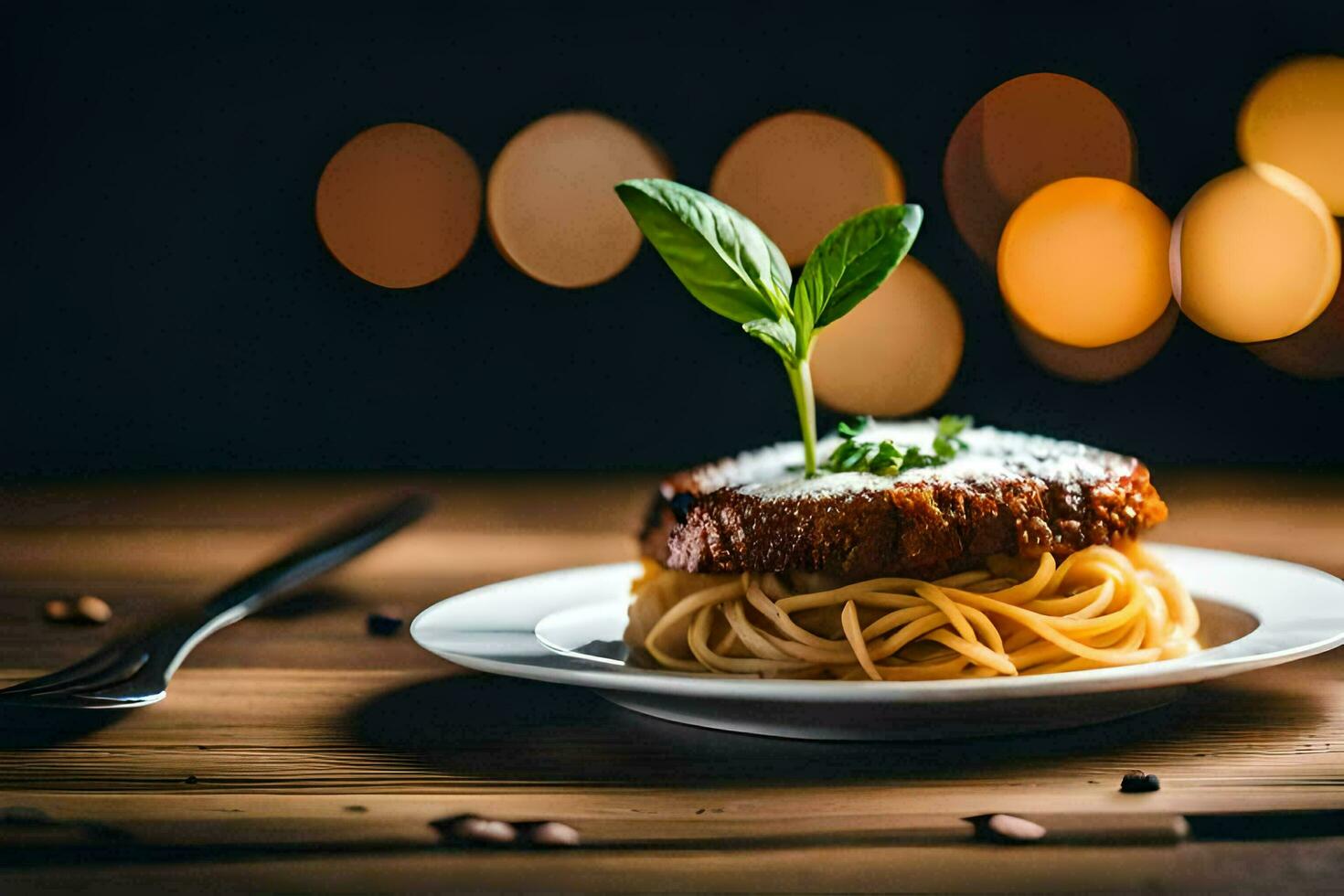 espaguete com carne e uma plantar em uma placa. gerado por IA foto