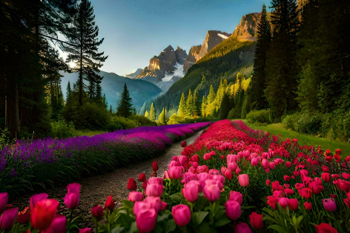 uma caminho através uma campo do Rosa tulipas e montanhas. gerado por IA foto