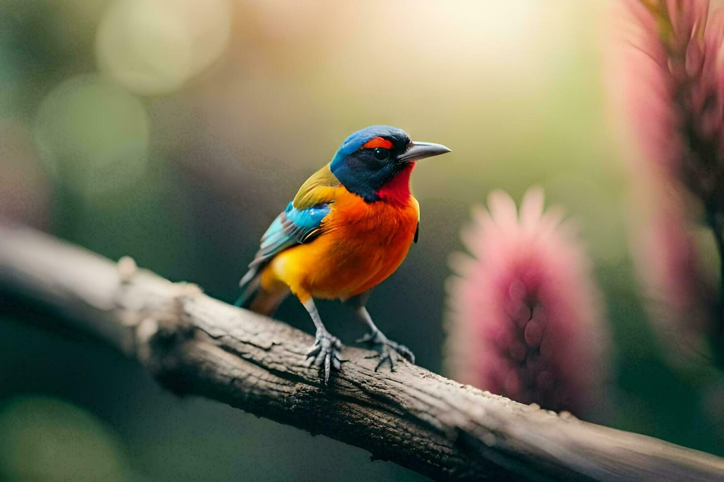 uma colorida pássaro senta em uma ramo dentro frente do uma flor. gerado por IA foto