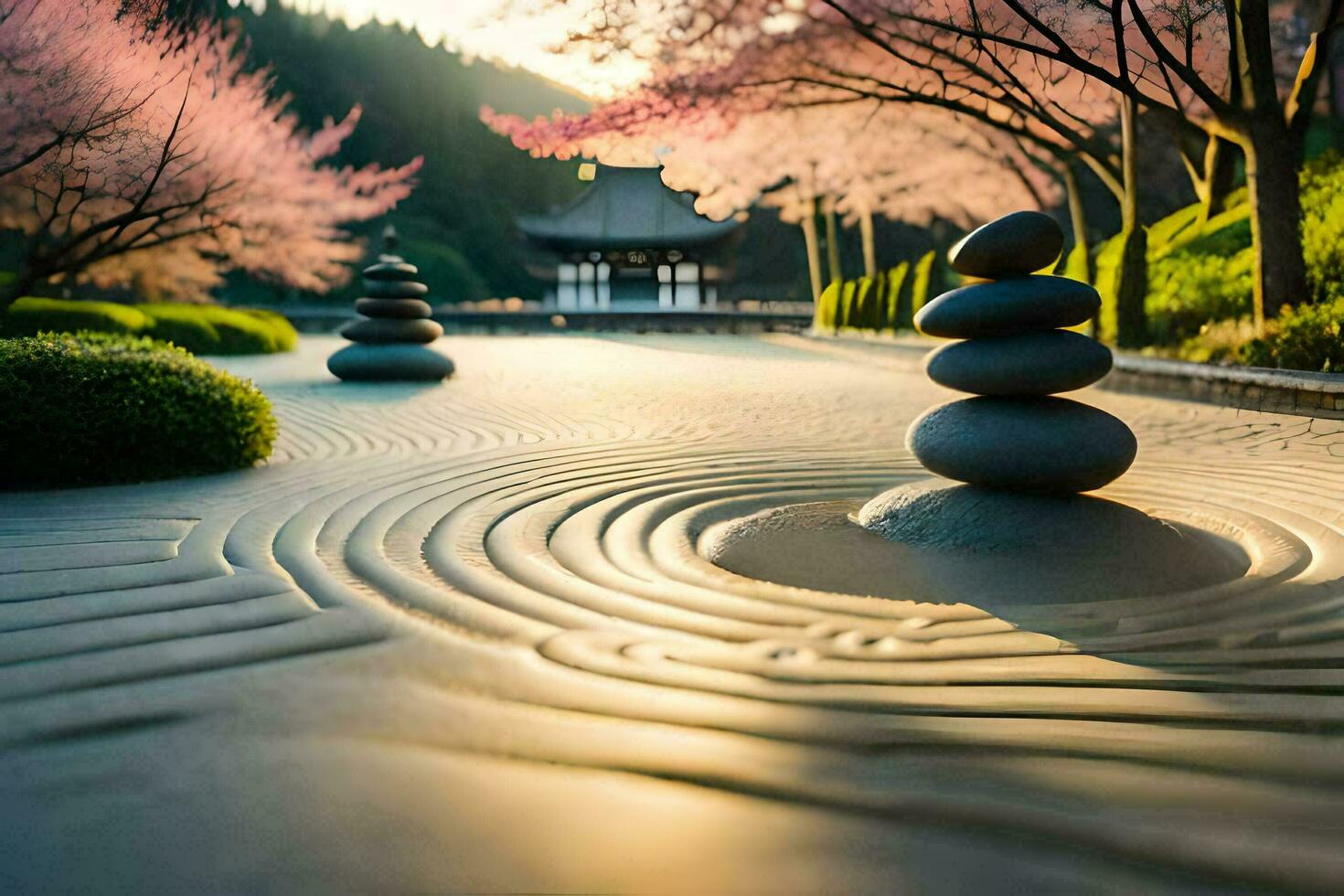 zen jardim, japonês jardim, Japão, japonês jardim, japonês. gerado por IA foto