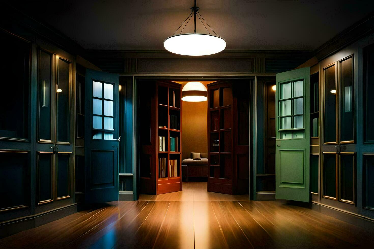 uma corredor com de madeira pavimentos e luz chegando a partir de a porta. gerado por IA foto