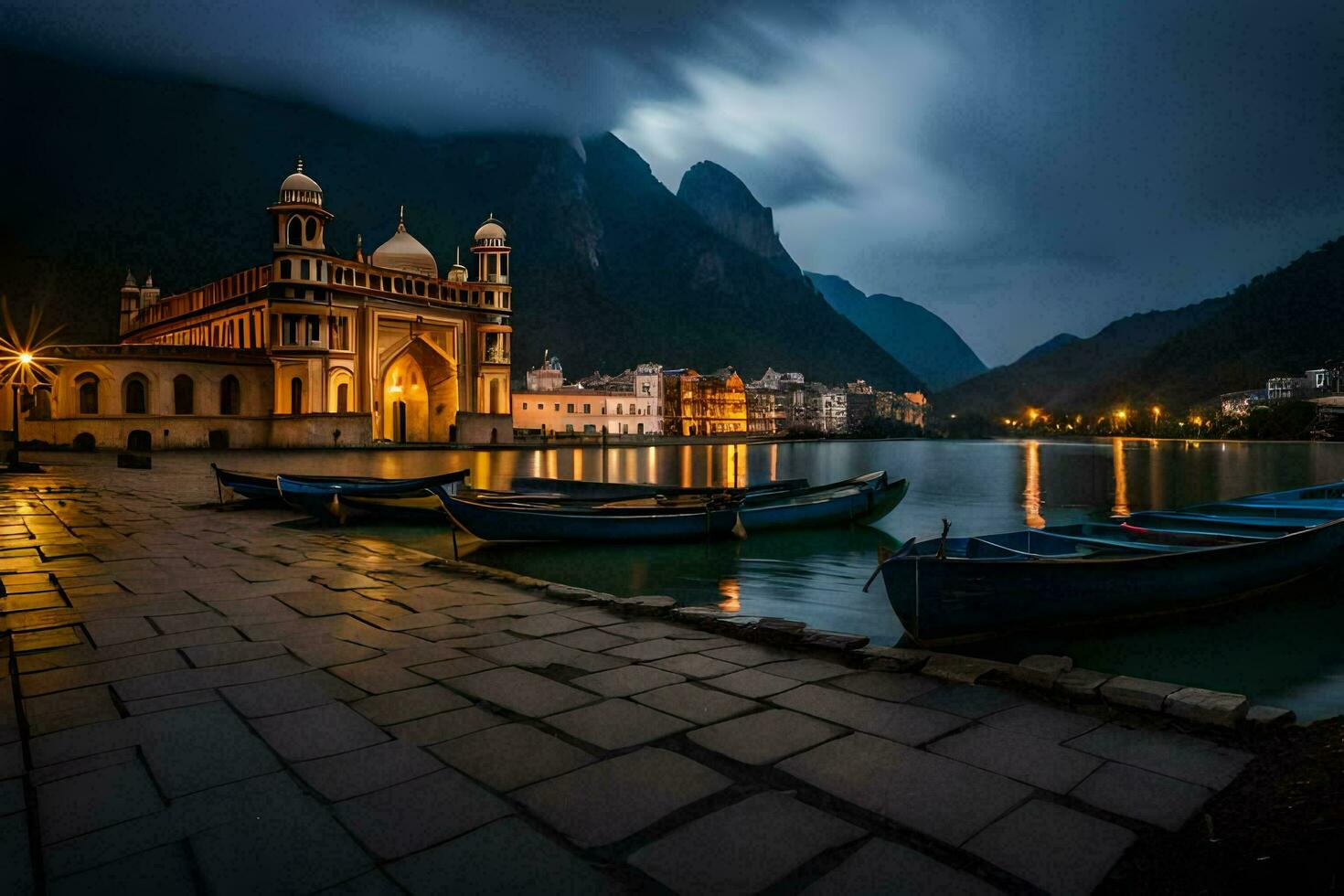 barcos sentar em a água dentro frente do uma igreja. gerado por IA foto