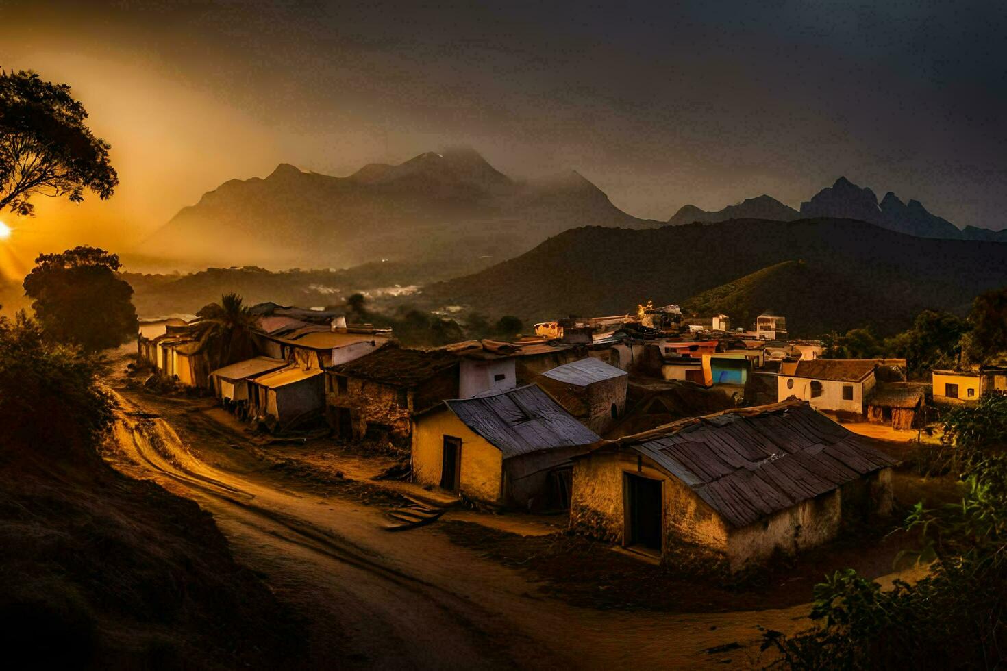 uma Vila dentro a montanhas às pôr do sol. gerado por IA foto