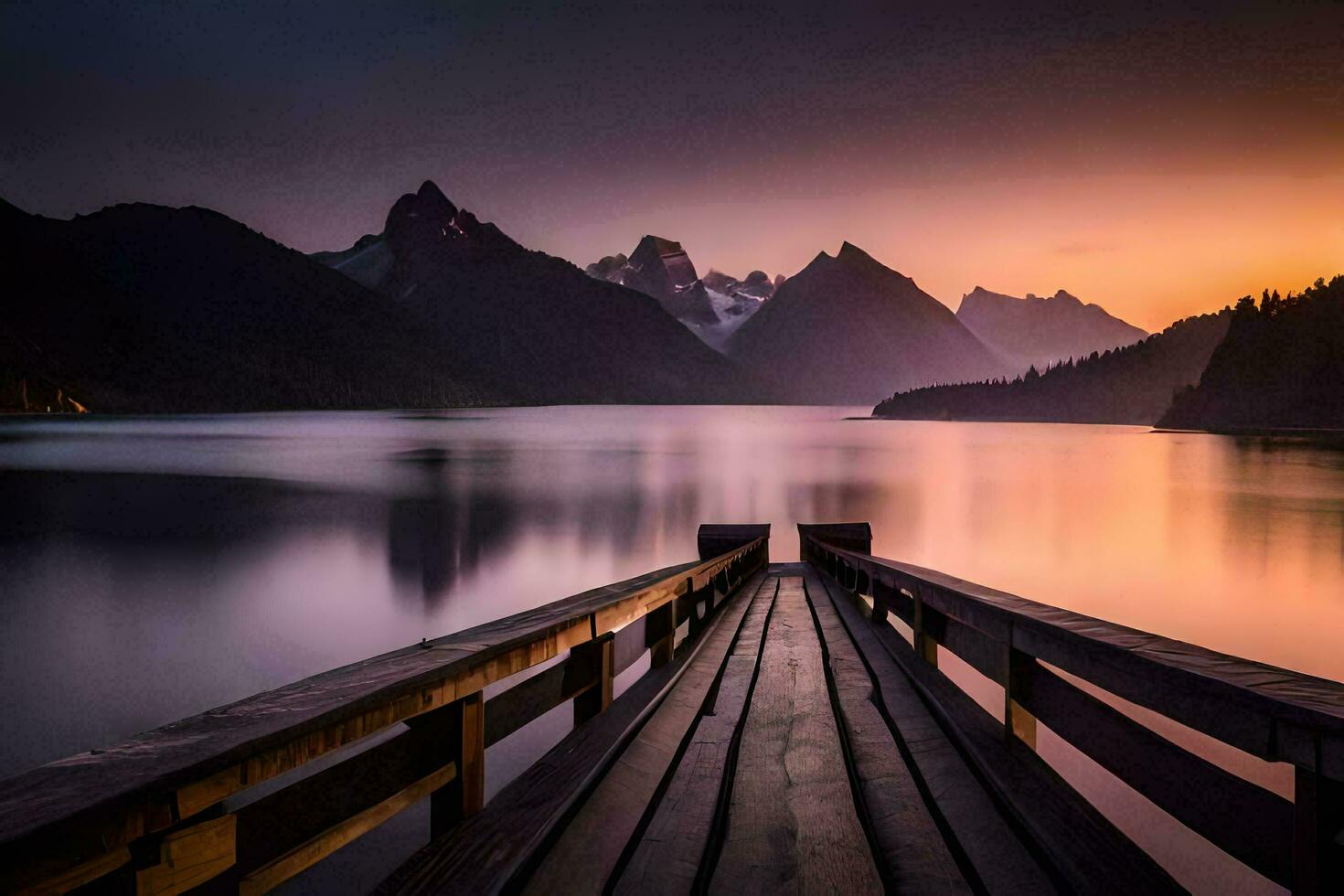 uma de madeira cais conduz para uma lago e montanhas às pôr do sol. gerado por IA foto