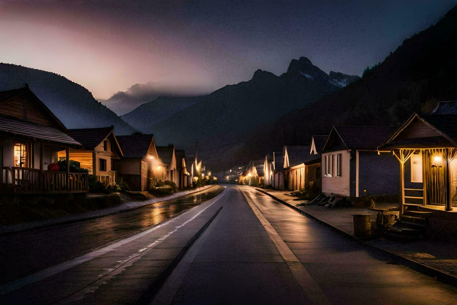 uma rua dentro a montanhas às noite. gerado por IA foto