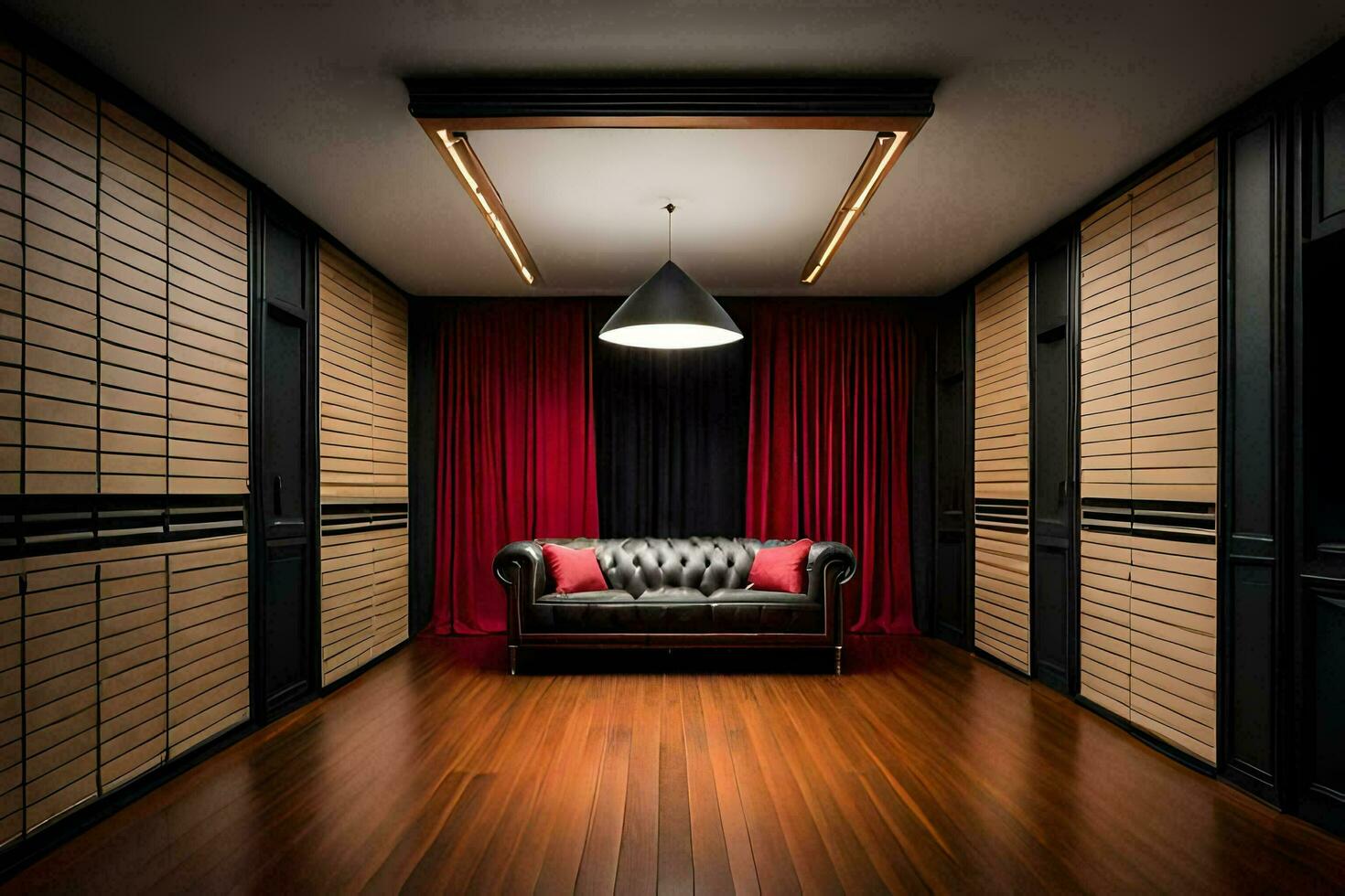 uma quarto com uma sofá e de madeira andares. gerado por IA foto