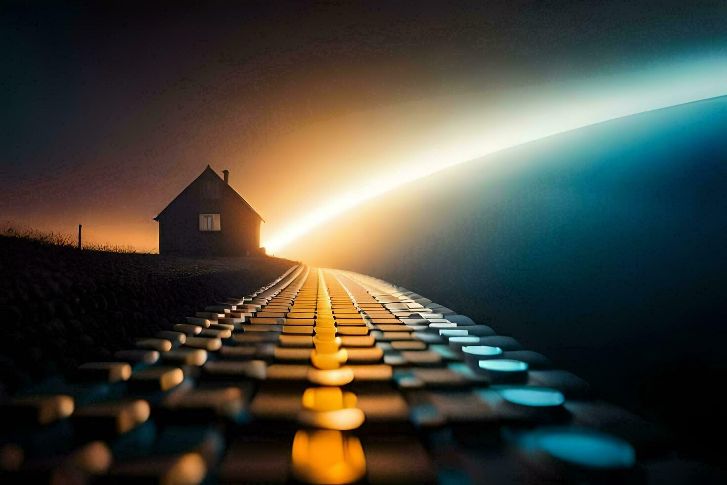 uma casa é visto dentro a distância às pôr do sol. gerado por IA foto