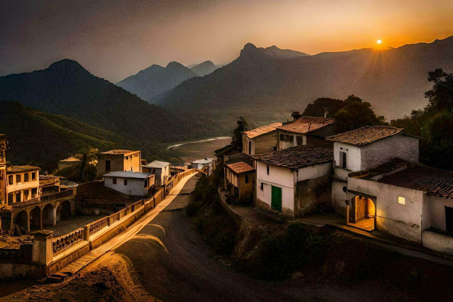 foto papel de parede a céu, montanhas, Vila, pôr do sol, a sol, a montanhas, a Vila. gerado por IA