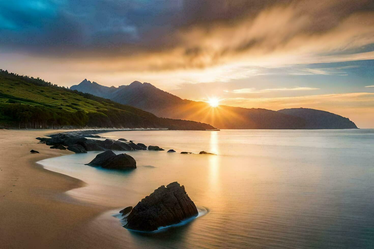 a Sol conjuntos sobre uma de praia e montanhas. gerado por IA foto