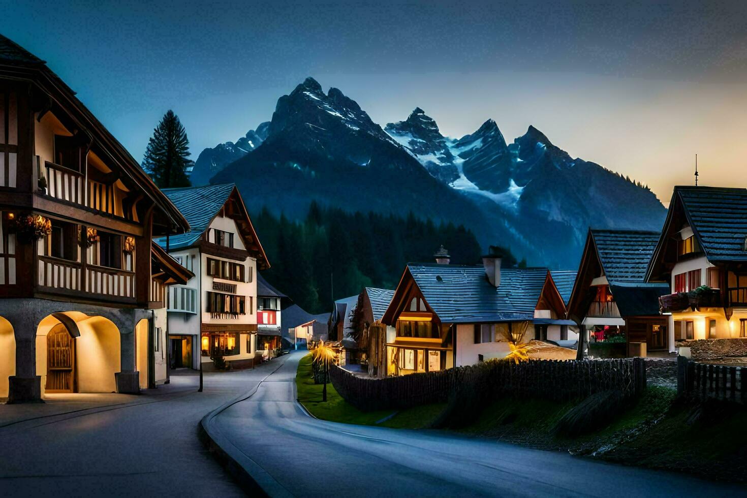 uma Cidade dentro a montanhas às crepúsculo. gerado por IA foto