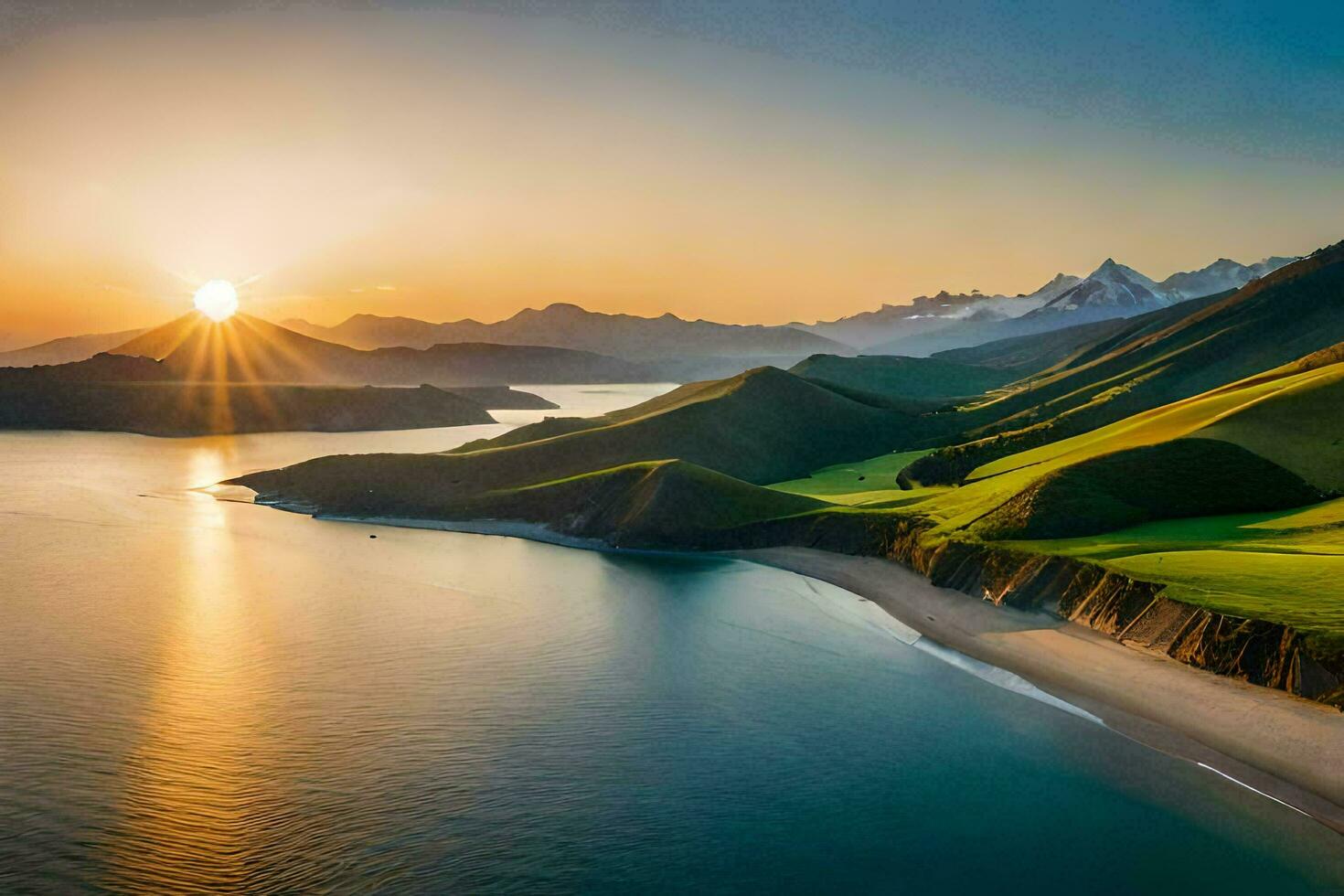 a Sol sobe sobre uma verde vale e uma de praia. gerado por IA foto