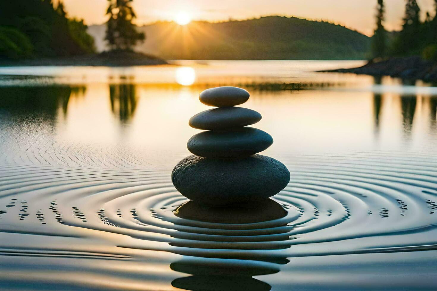 uma pilha do pedras é sentado em topo do uma lago. gerado por IA foto