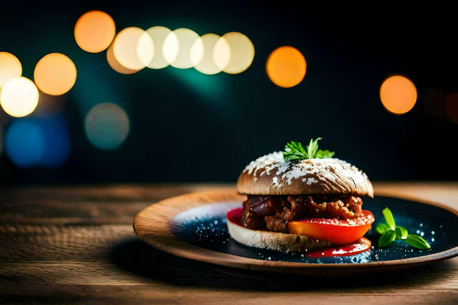 uma Hamburger com tomate e queijo em uma placa. gerado por IA foto