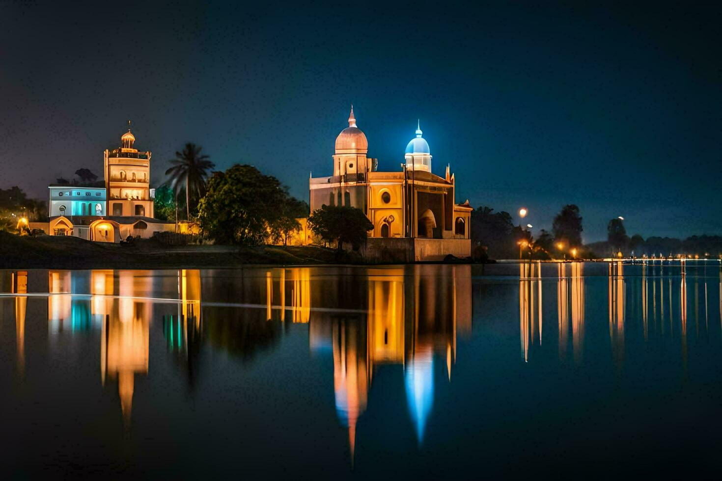 a noite Visão do uma Igreja e uma lago. gerado por IA foto