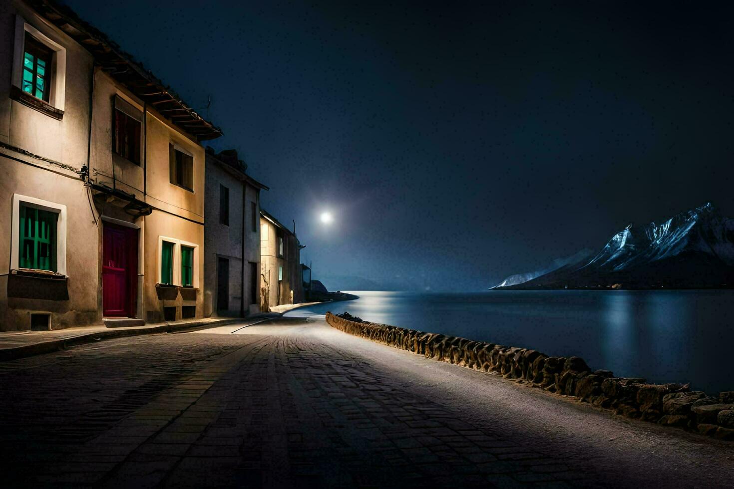 uma rua às noite com uma luar. gerado por IA foto