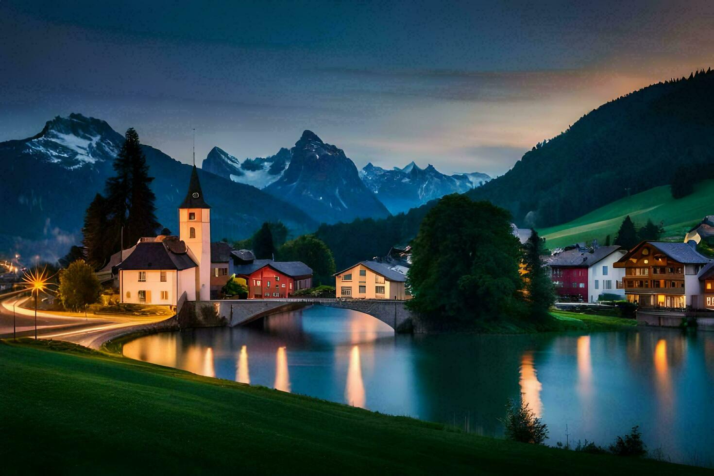 a Vila do Altenburg dentro a Alpes às crepúsculo. gerado por IA foto