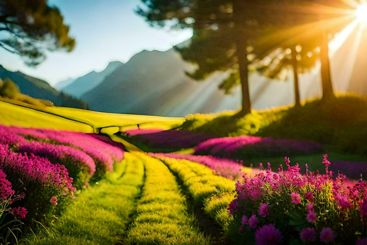 a Sol brilha sobre uma campo do roxa flores gerado por IA foto