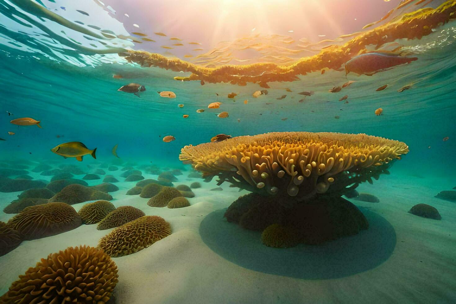 embaixo da agua Visão do coral recifes e peixe. gerado por IA foto