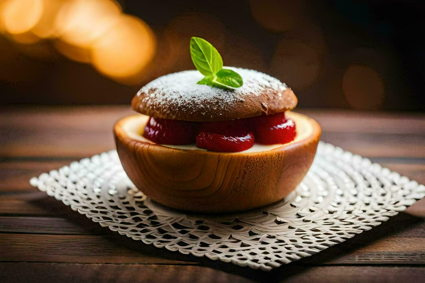 uma sobremesa dentro uma de madeira tigela com uma cereja em topo. gerado por IA foto