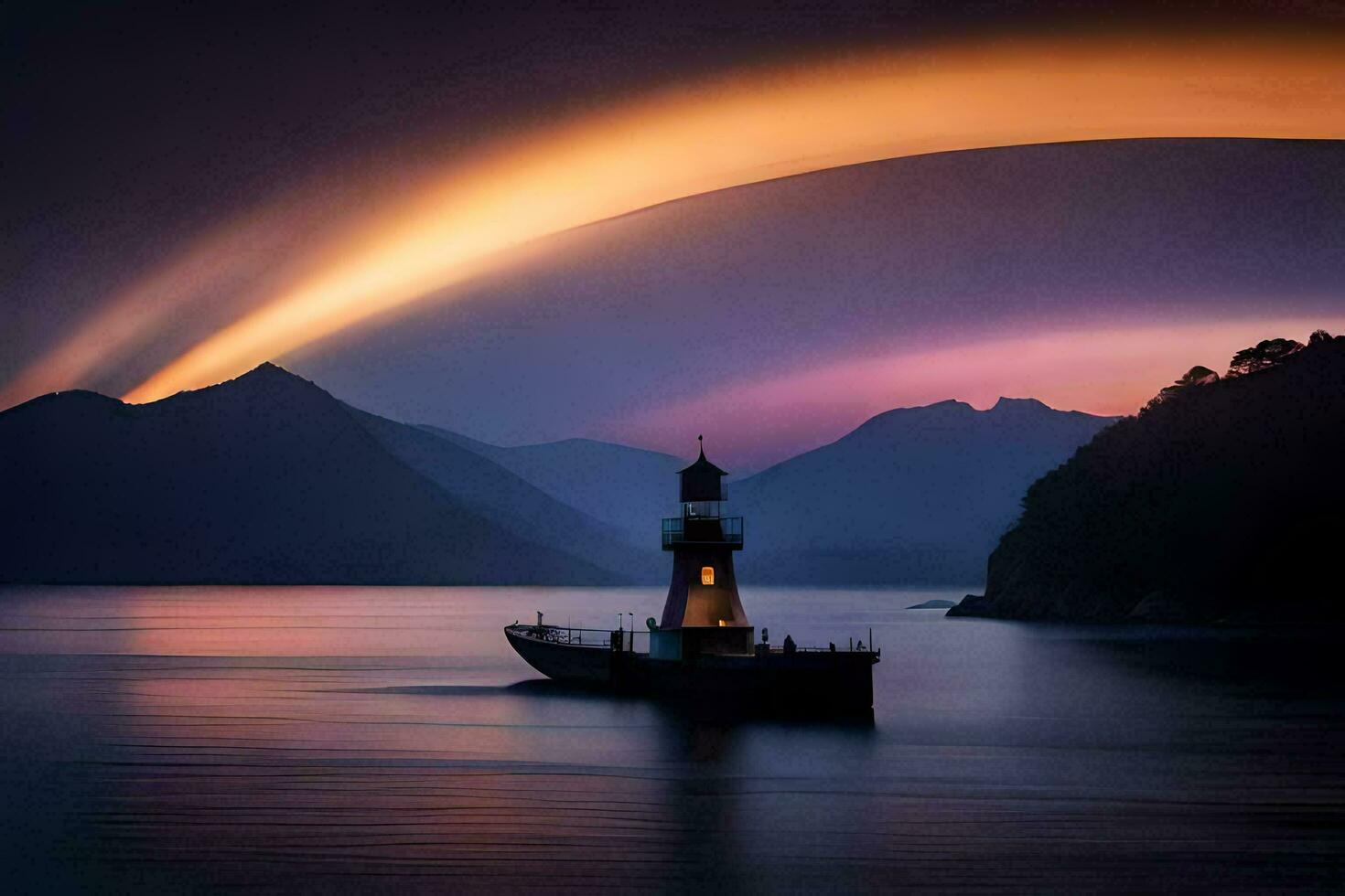 uma barco é Navegando debaixo uma arco Iris dentro a oceano. gerado por IA foto