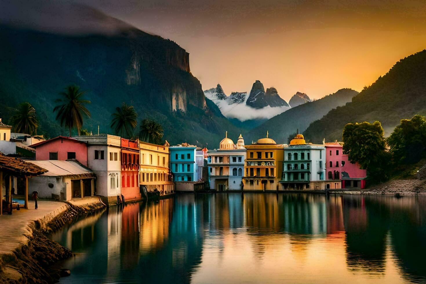 colorida casas em a costa do uma lago. gerado por IA foto