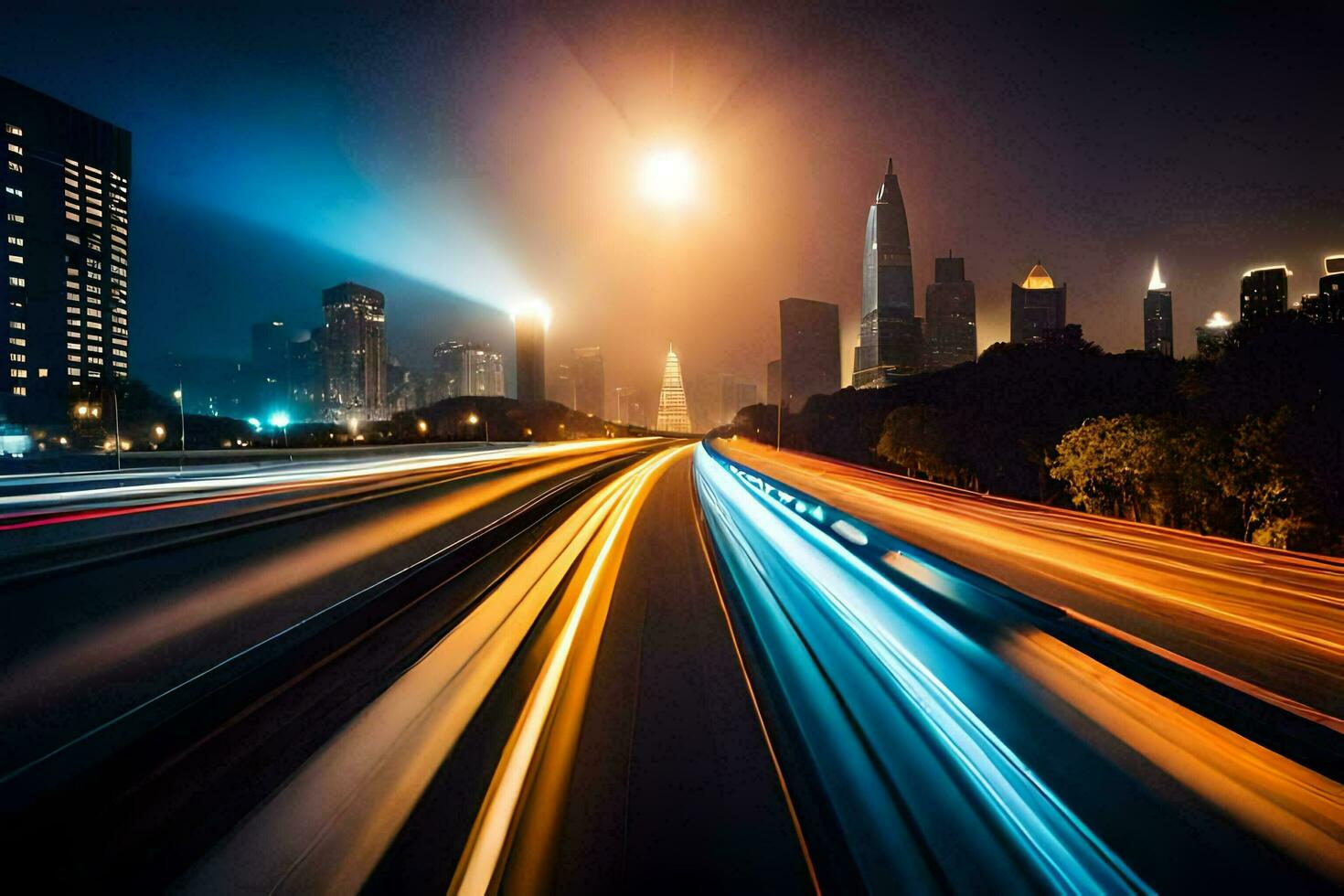 uma grandes exposição fotografia do uma cidade às noite. gerado por IA foto