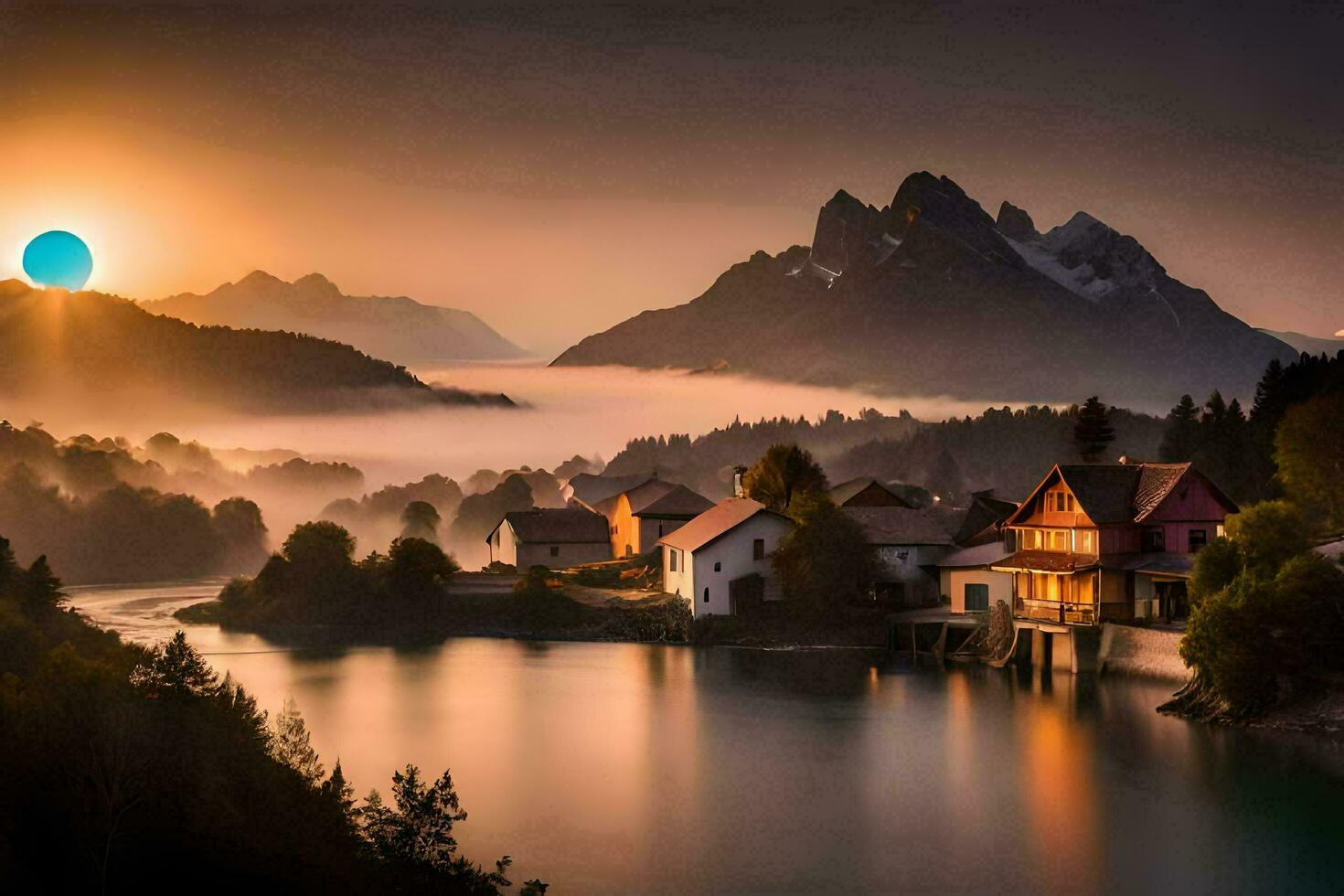 uma lindo pôr do sol sobre uma lago e montanhas. gerado por IA foto