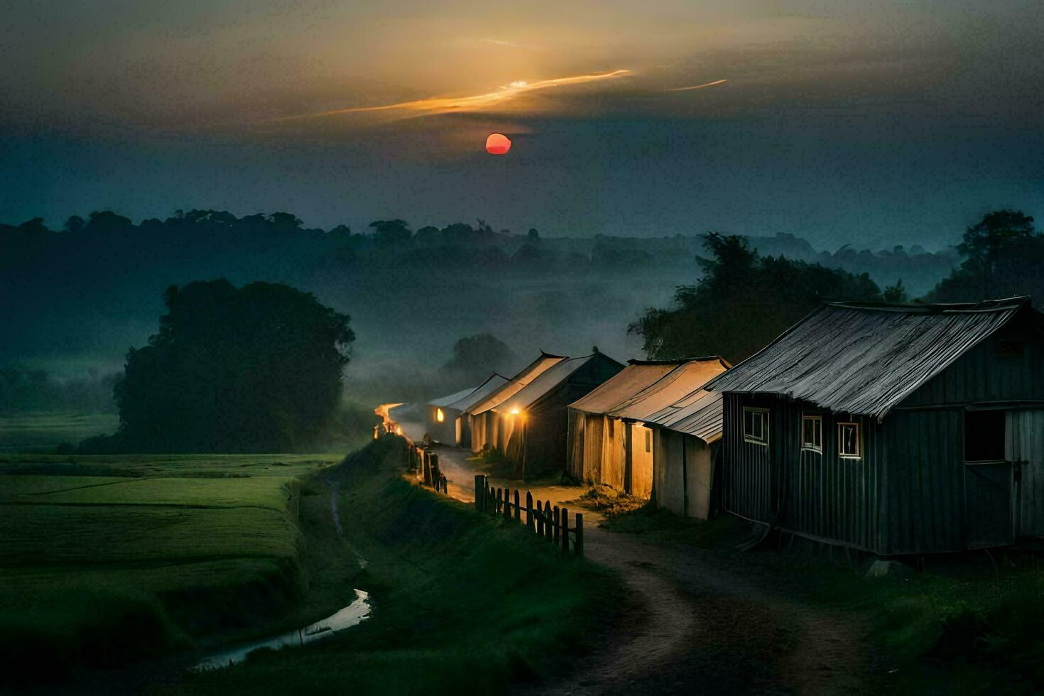 uma estrada conduzindo para uma pequeno Vila às nascer do sol. gerado por IA foto