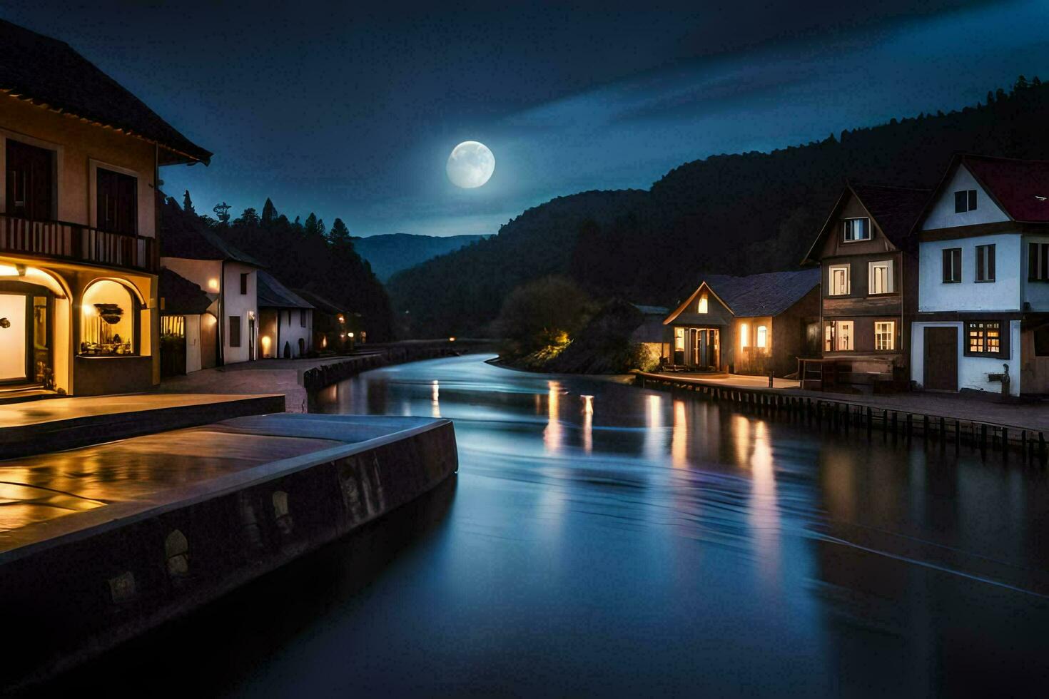 uma rio dentro a meio do uma Cidade às noite. gerado por IA foto