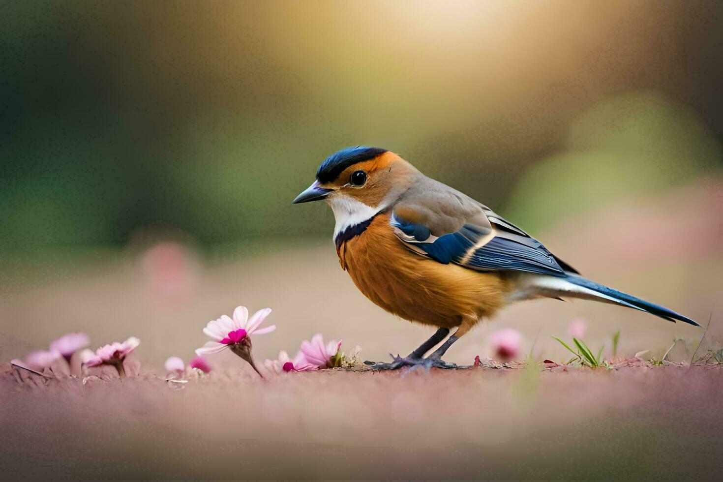 uma pássaro é em pé em a terra com Rosa flores gerado por IA foto