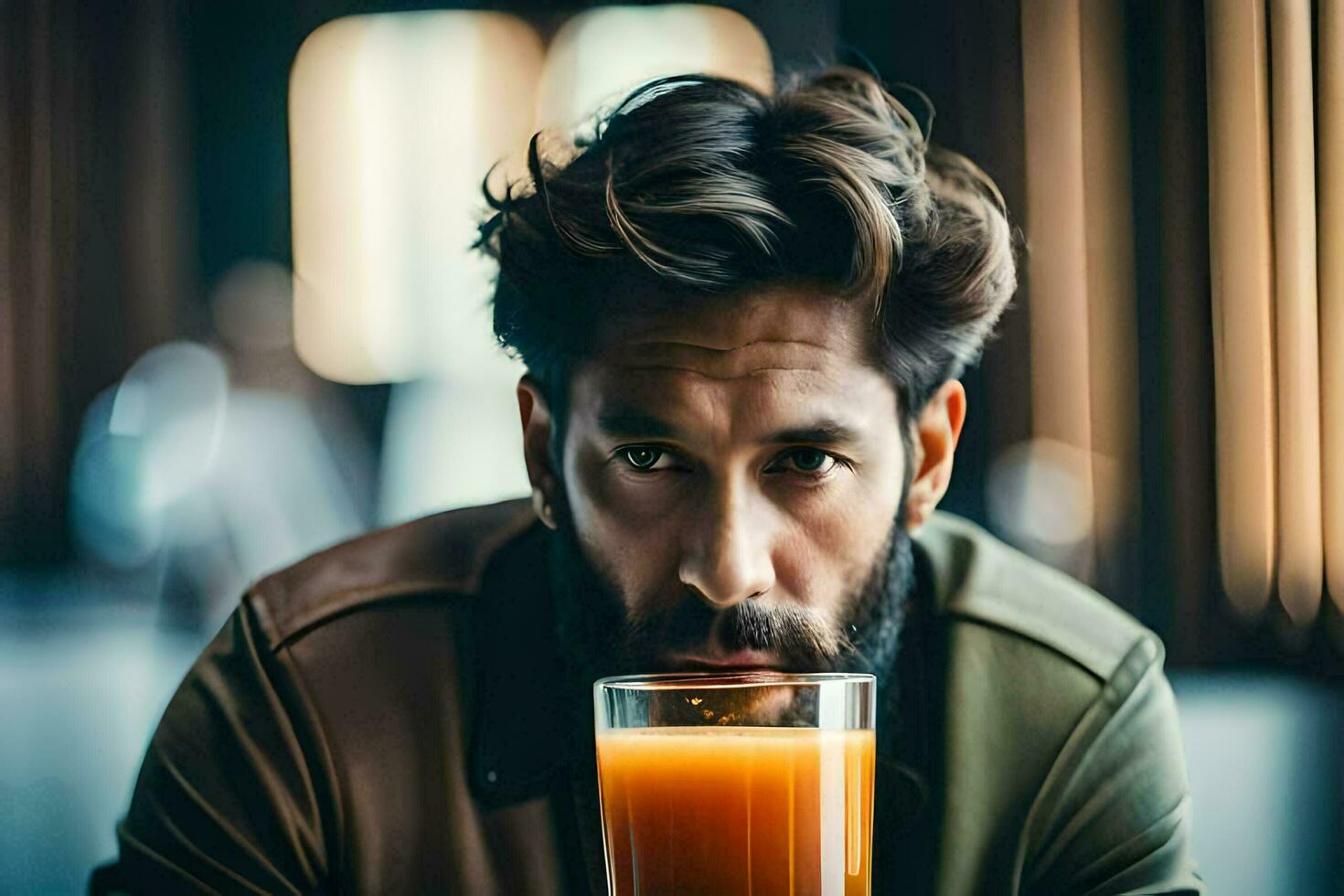 uma homem com uma barba e uma vidro do laranja suco. gerado por IA foto